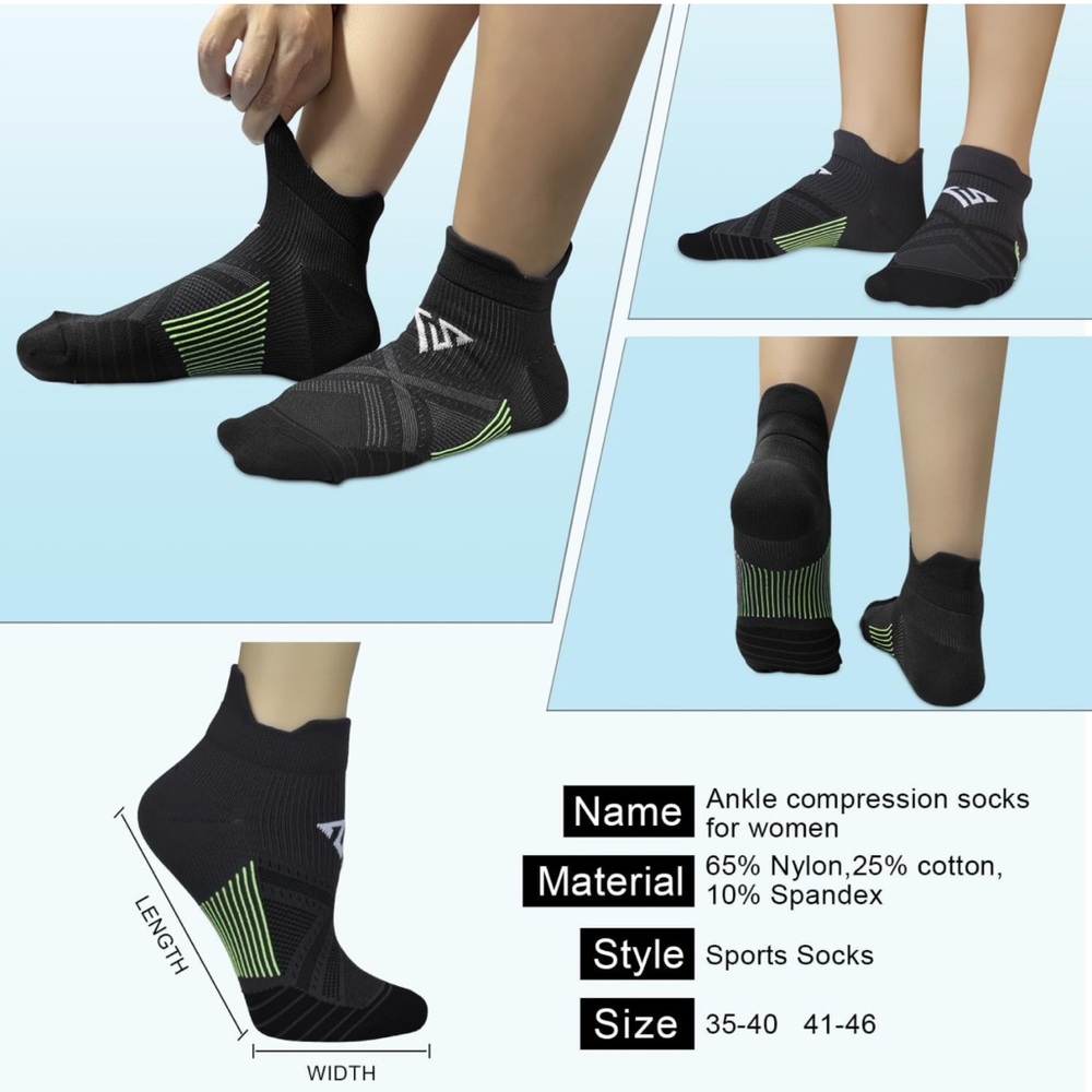 Set of 6 Small/Medium unisex Black Compression cushioned low cut tab ankle socks